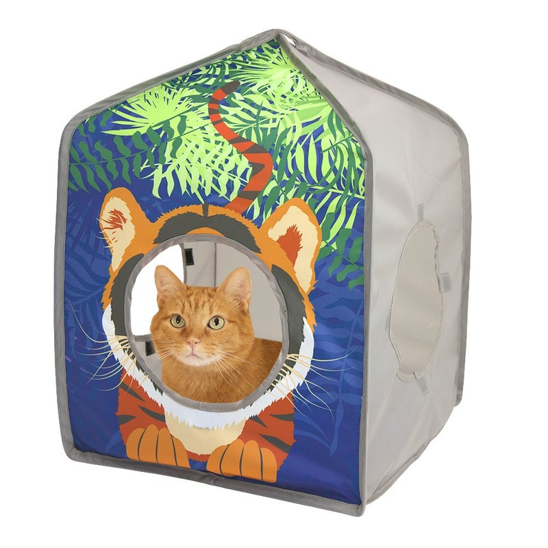 Kitty City Safari Jungle Tiger Pop-Up Cat House, Collapsible Indoor Cat Hideout with Peekaboo Openings, Lightweight Foldable Cat Playhouse - Image 1